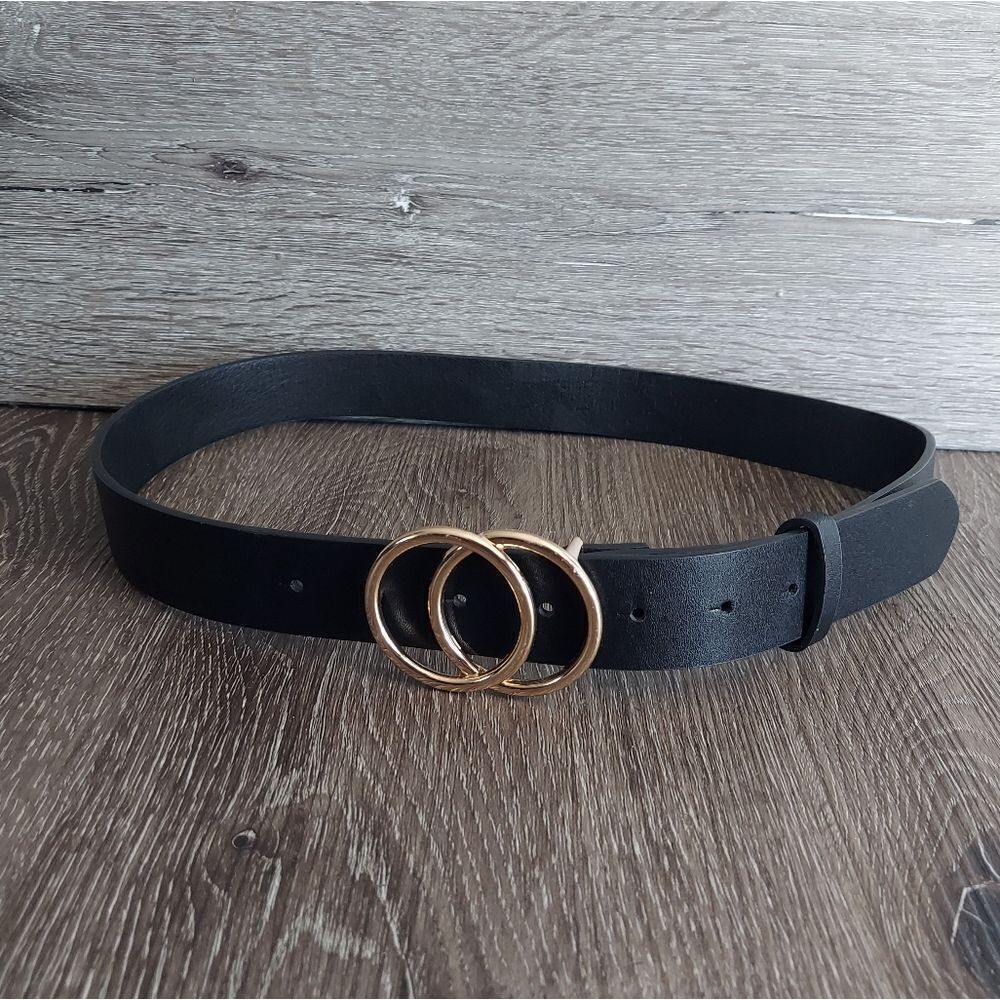 Black Belt with Gold Double Ring Buckle - 42" Long